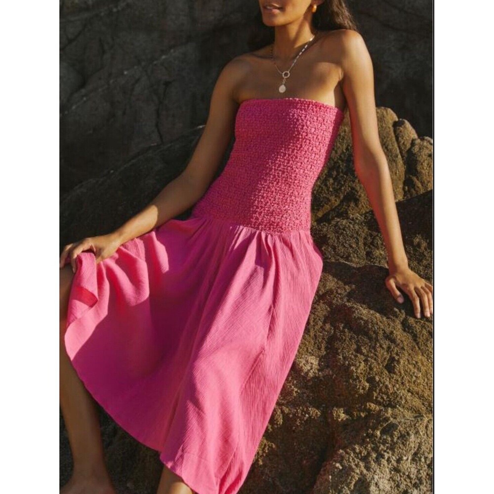 Anthropologie Dress Beach Midi Pink Cotton Strapless Smocked Cover-Up Sz XL NWT